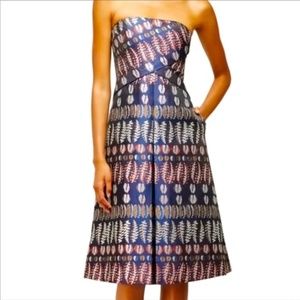 Tory Burch Strapless Navy Blue Ferns Metallic Jacquard Dress Size 2